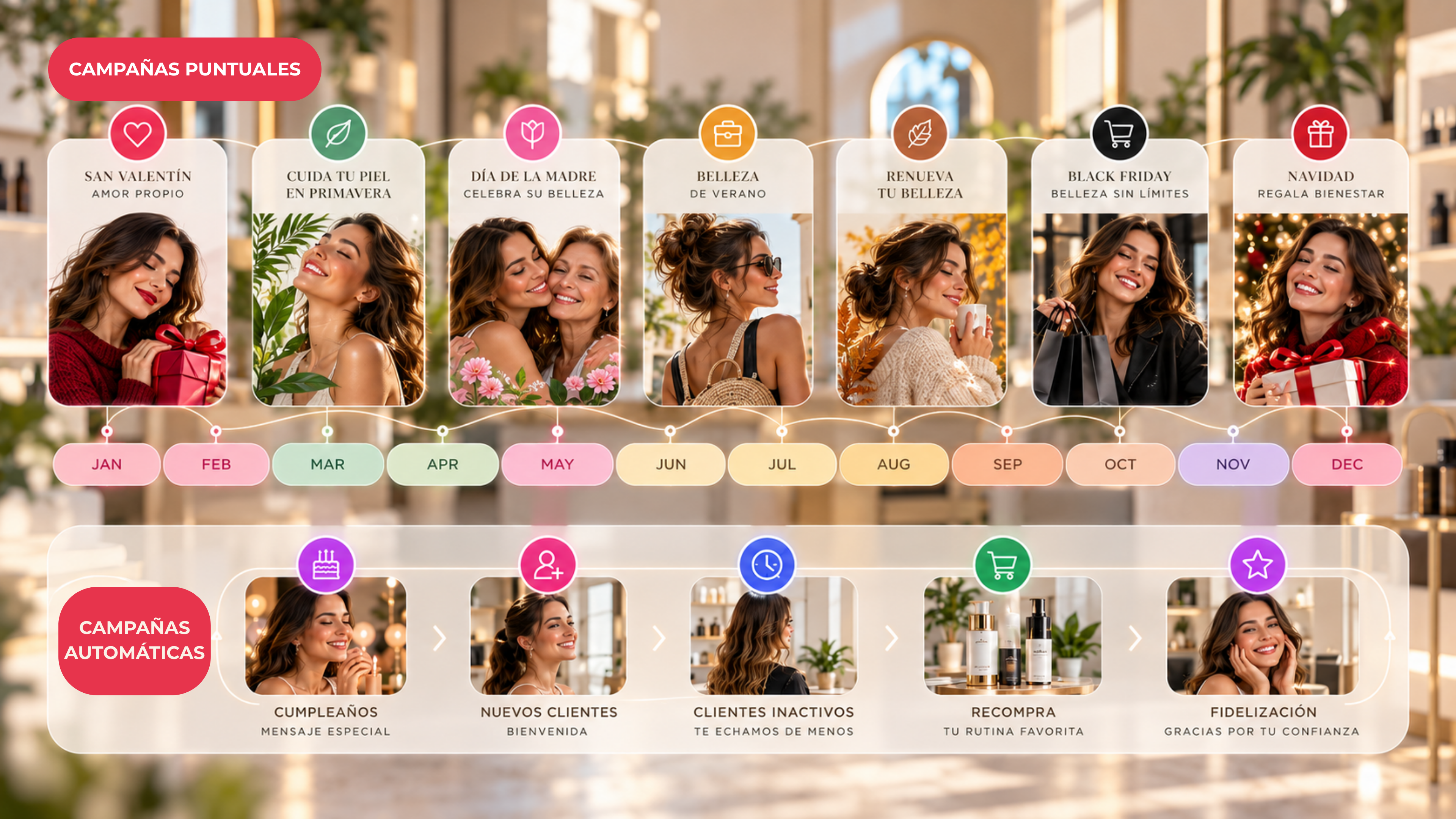 Ejemplo visual de campañas automáticas y campañas puntuales de Merlin